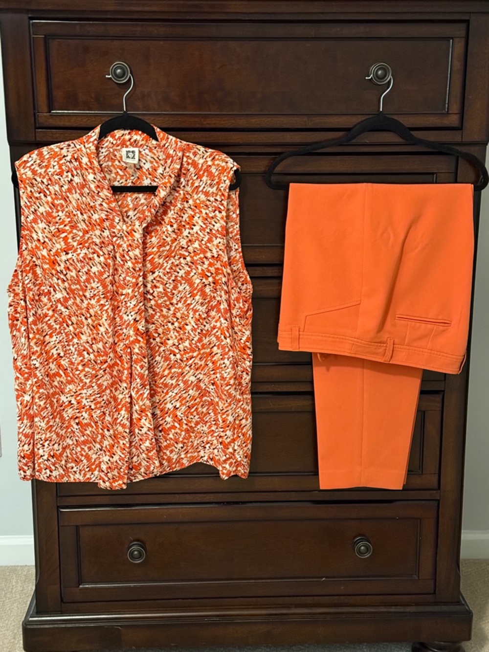Sleeveless Orange Printed Blouse & Bright Orange Pants Set
